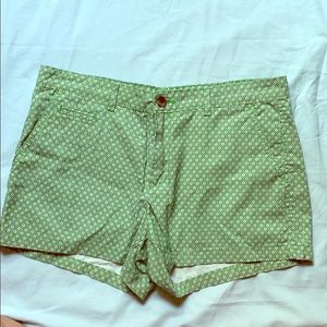 Multicolored shorts with a geometric pattern.